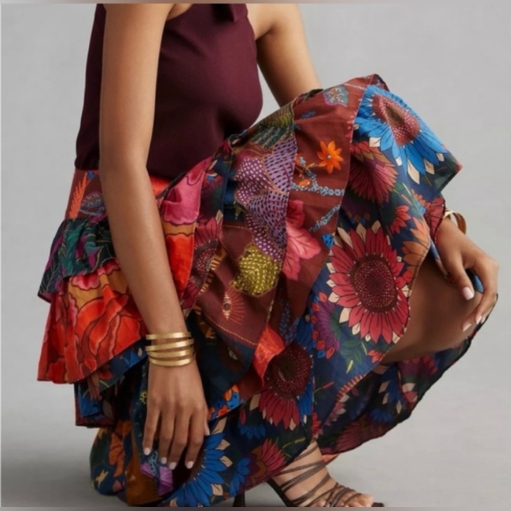 NWT ANTHROPOLOGIE Farm Rio Tiered Midi Floral Tropical Skirt - Picture 13 of 13